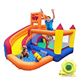 HuaKastro Inflatable Bounce House Water Slide with Blower, 5 in 1 Backyard Water Park W/ Climbing Wall, Splash Pool, Jumping Castle, Water Slide, Cannon, Bucket Dump for Indoor Outdoor Parties